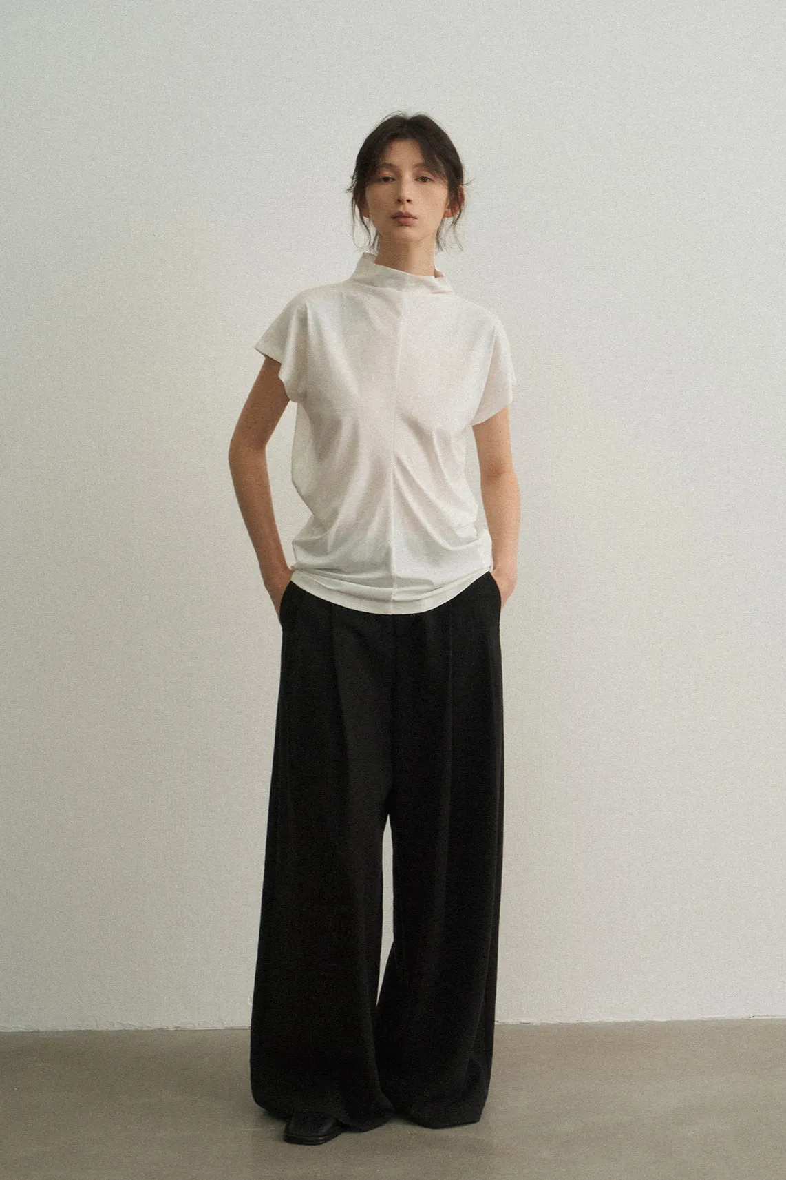 Lyocell blend brushed textured wide leg pants