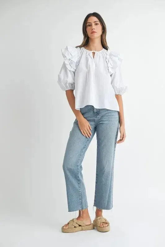 MABLE Stripe Ruffle Shoulder Puff Sleeve Blouse