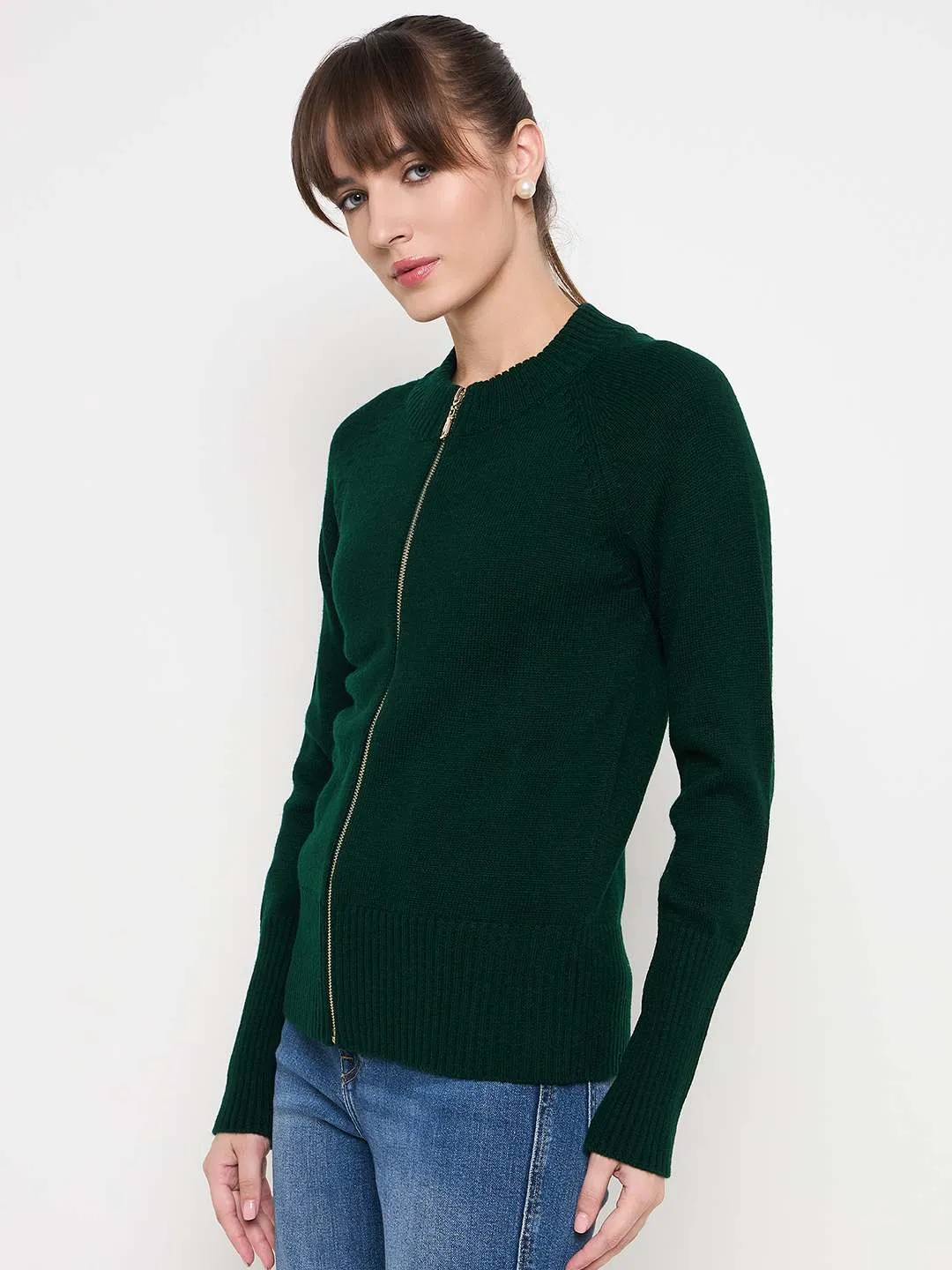 Madame Acrylic Blend Zipped Bottle Green Sweater