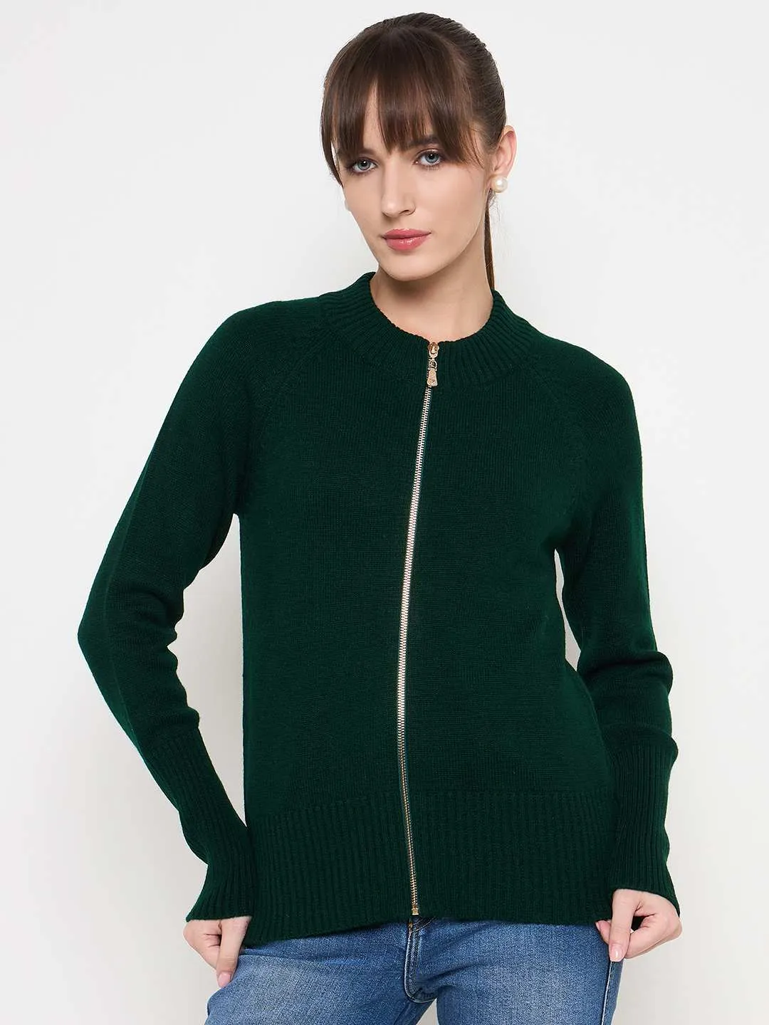 Madame Acrylic Blend Zipped Bottle Green Sweater