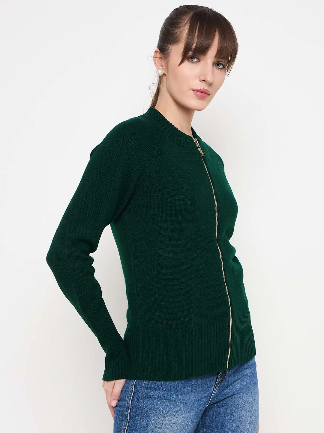 Madame Acrylic Blend Zipped Bottle Green Sweater