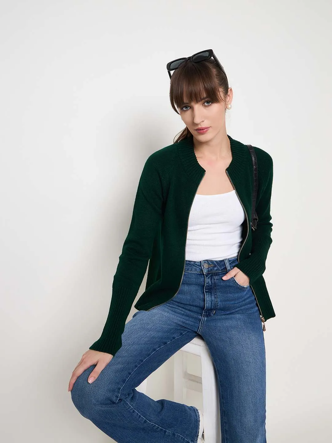 Madame Acrylic Blend Zipped Bottle Green Sweater