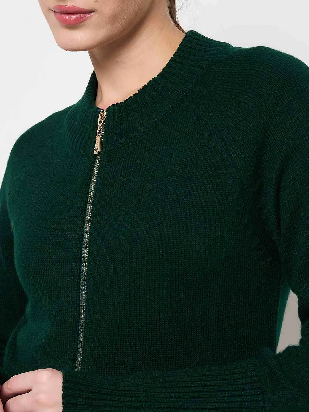 Madame Acrylic Blend Zipped Bottle Green Sweater