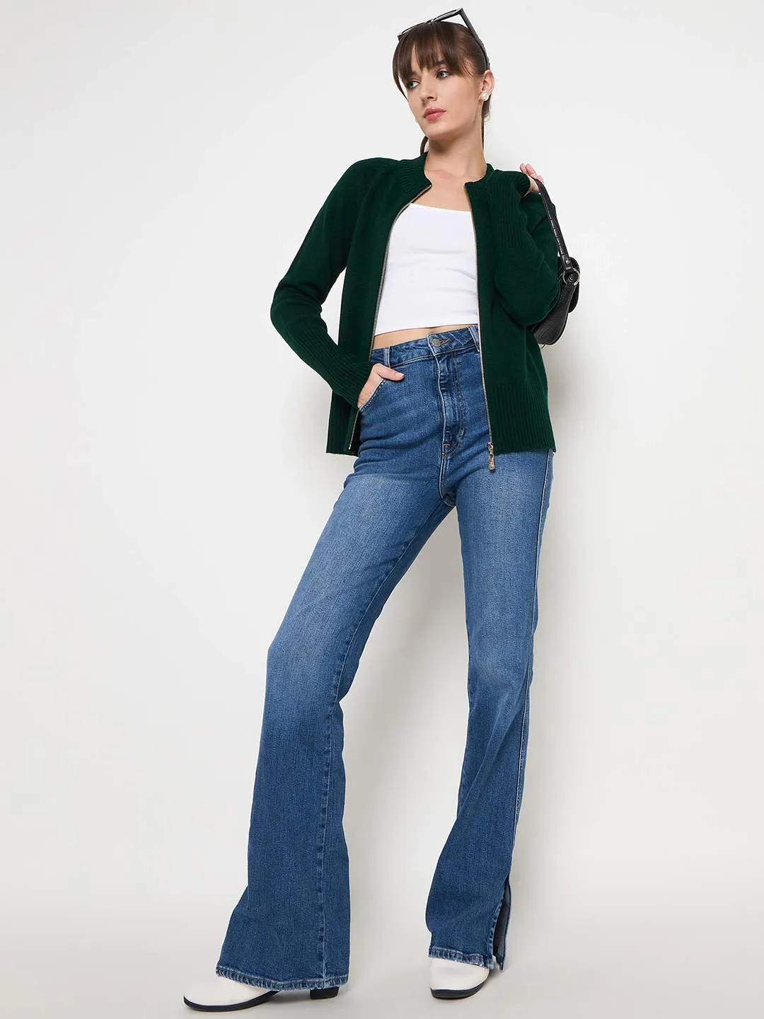 Madame Acrylic Blend Zipped Bottle Green Sweater