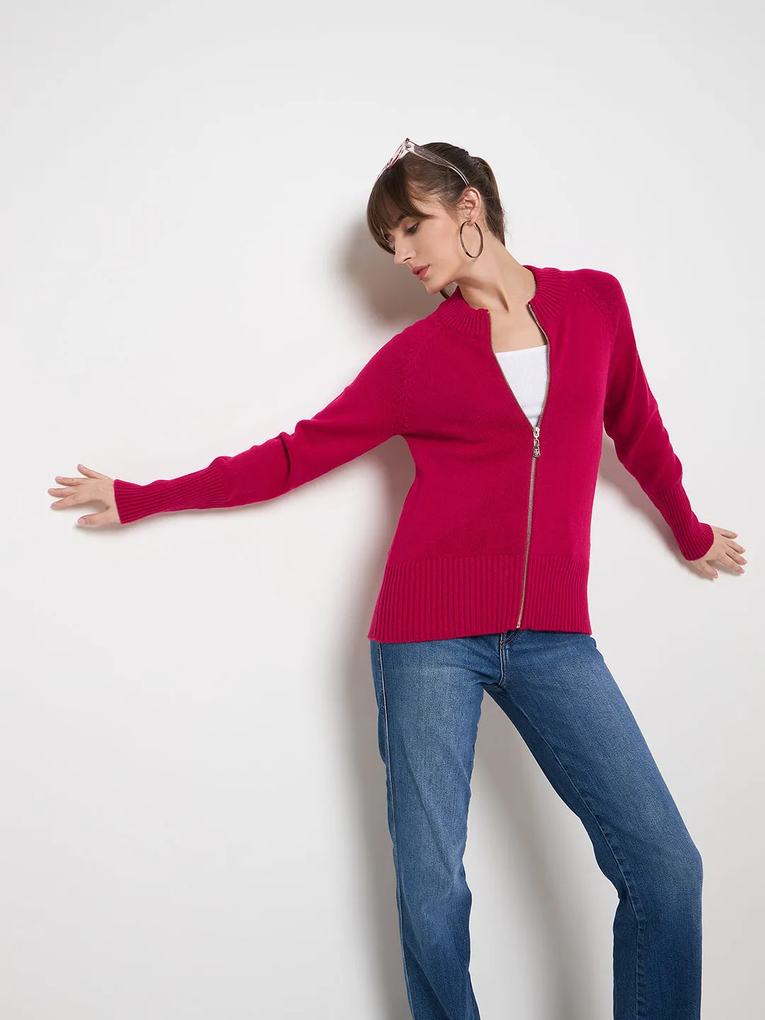 Madame Acrylic Blend Zipped Hot Pink Sweater