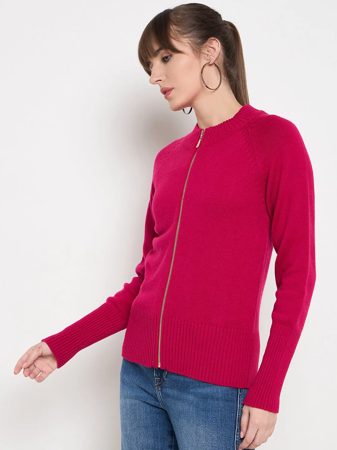 Madame Acrylic Blend Zipped Hot Pink Sweater