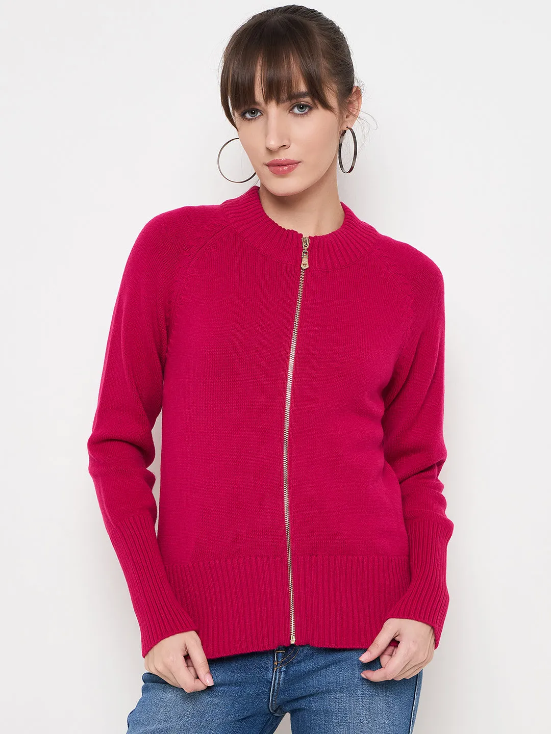 Madame Acrylic Blend Zipped Hot Pink Sweater