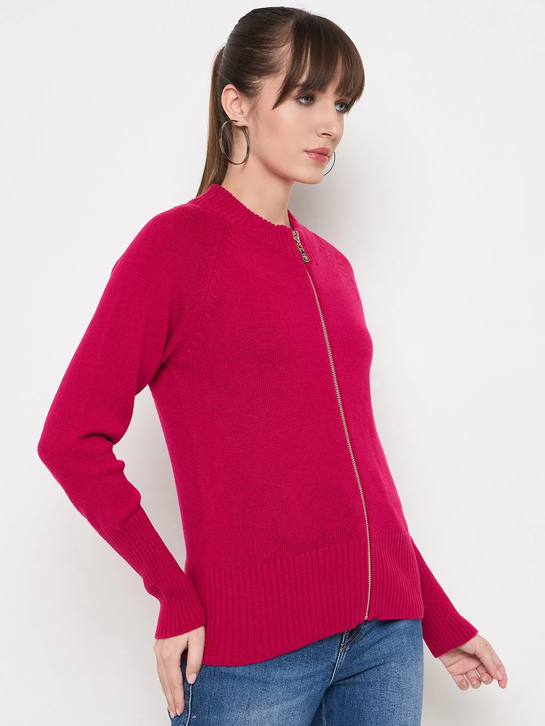 Madame Acrylic Blend Zipped Hot Pink Sweater