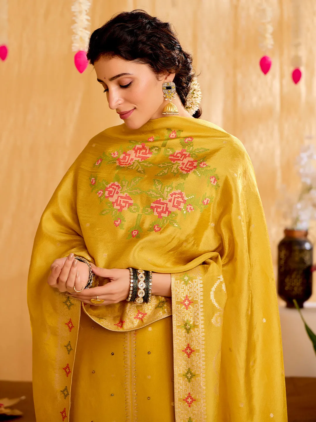Mustard Jacquard Mirror Work Festive Kurta Set With Dupatta