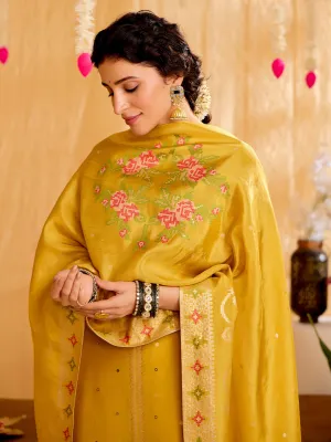 Mustard Jacquard Mirror Work Festive Kurta Set With Dupatta