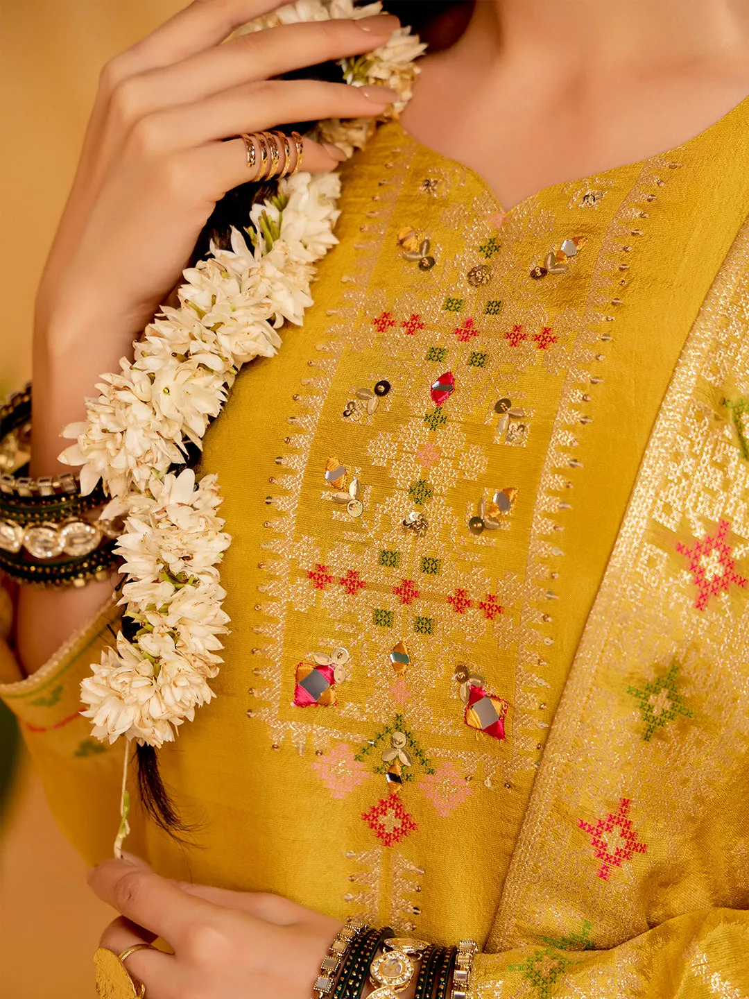 Mustard Jacquard Mirror Work Festive Kurta Set With Dupatta