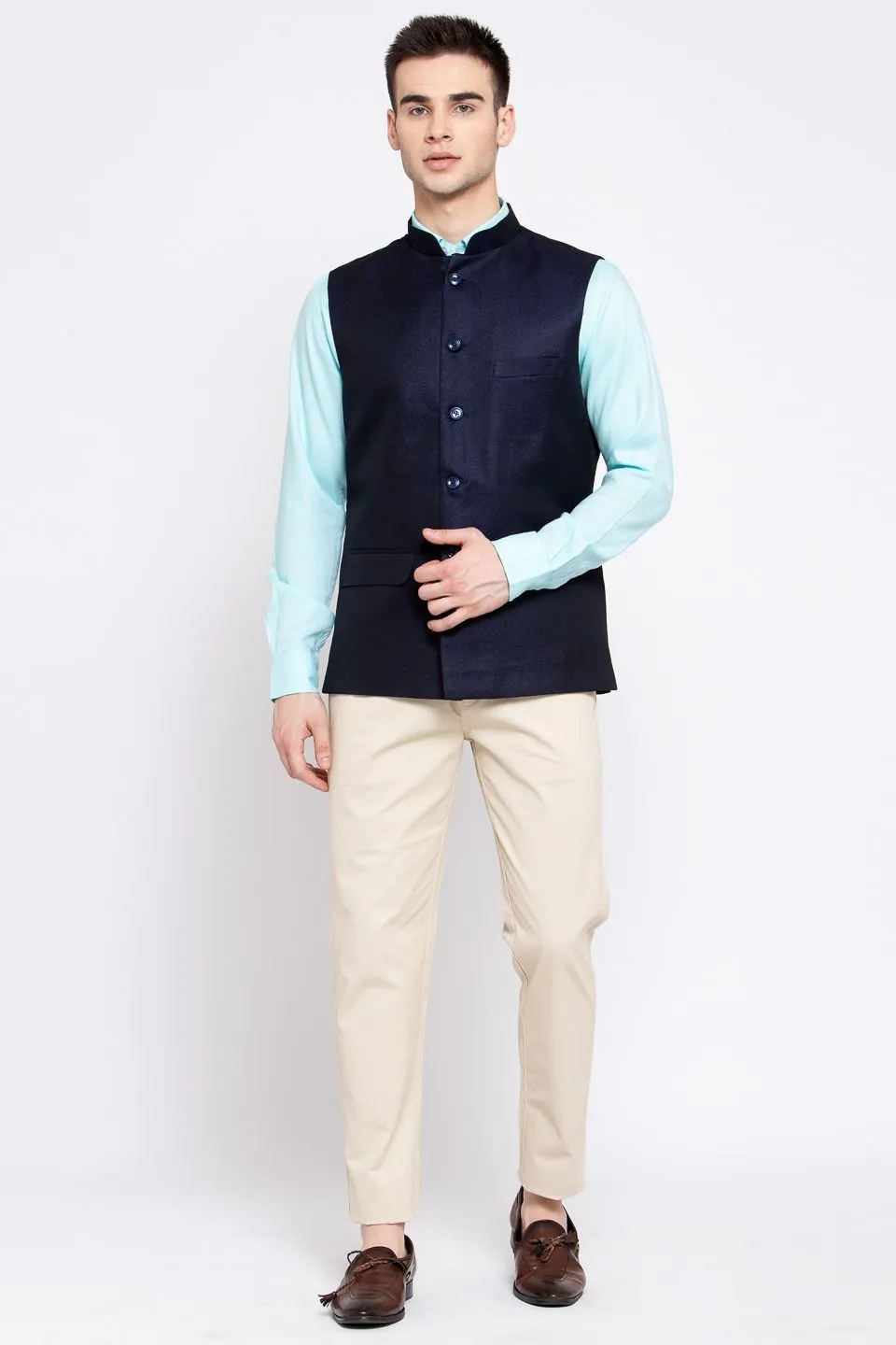 Poly Blend Navy Blue Nehru Jacket