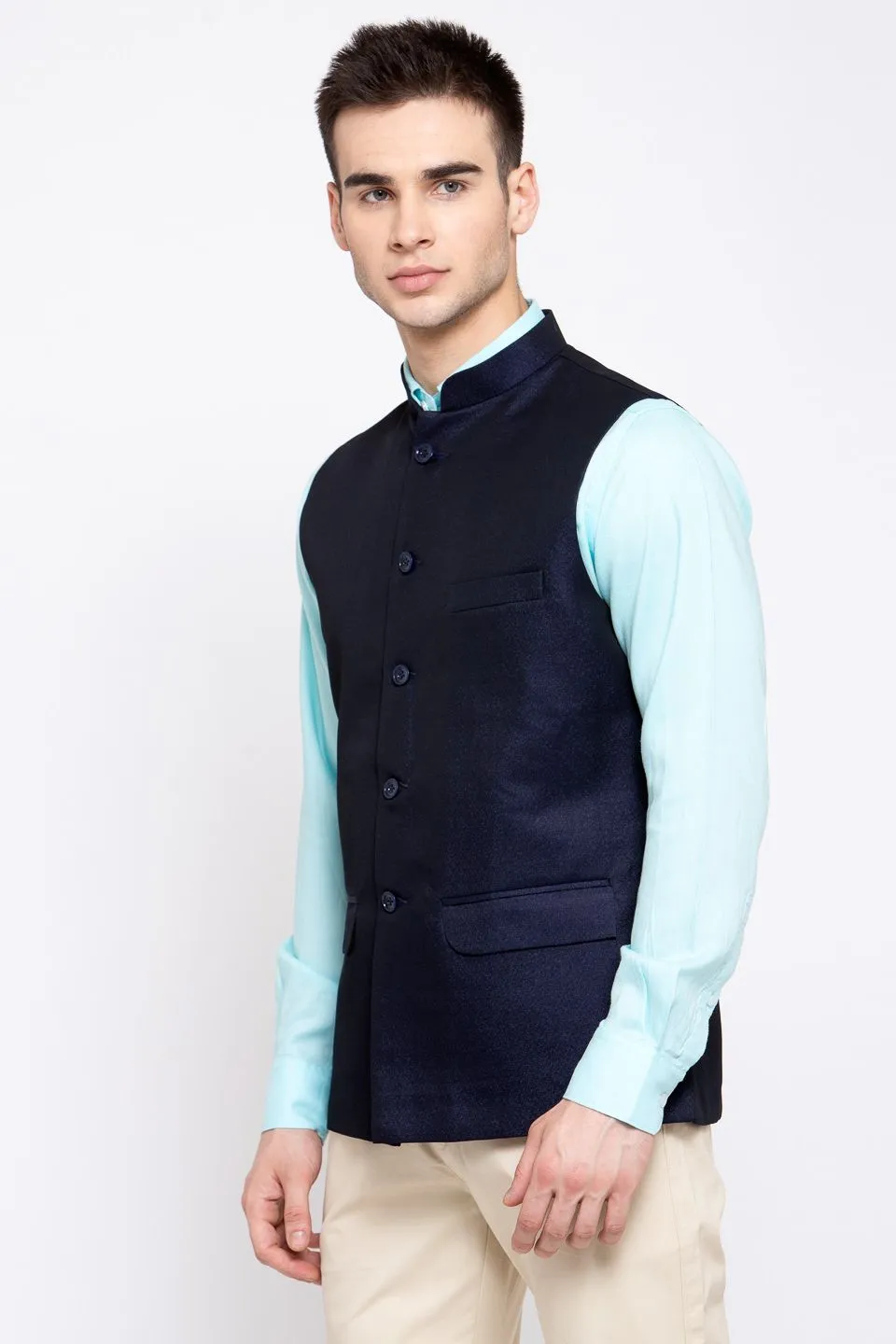 Poly Blend Navy Blue Nehru Jacket