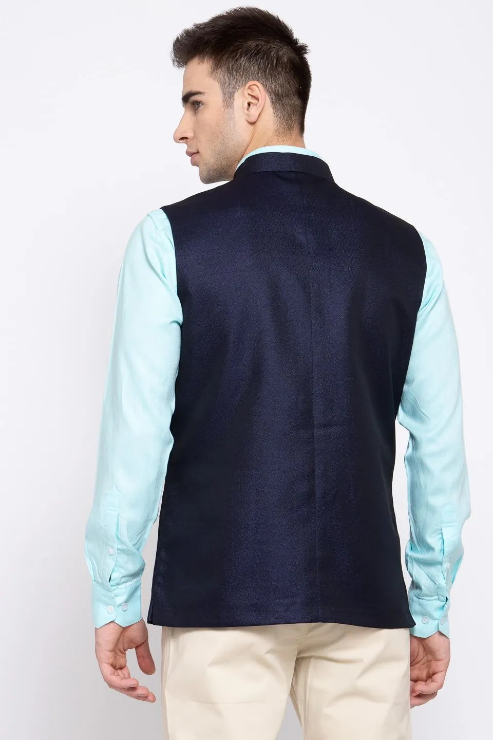 Poly Blend Navy Blue Nehru Jacket