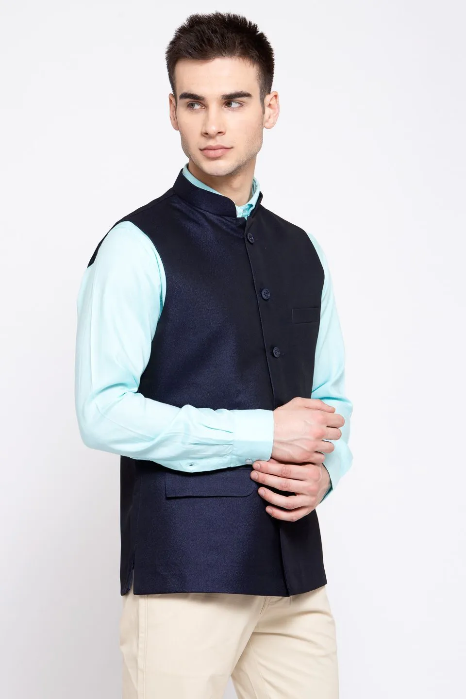 Poly Blend Navy Blue Nehru Jacket