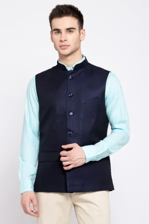 Poly Blend Navy Blue Nehru Jacket
