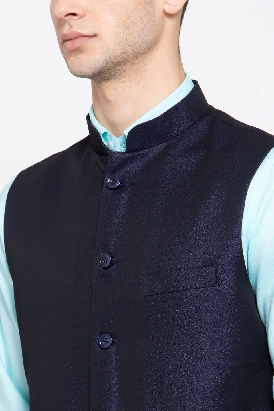 Poly Blend Navy Blue Nehru Jacket