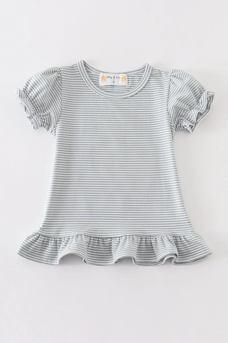 Premium Sage & white stripe ruffle top