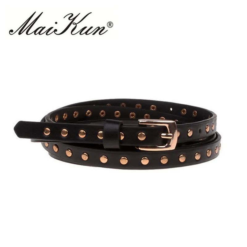 Punk Style Rocker Belts for Women Belt Black Leather Thin Gothic Belts Gold Pin Buckle