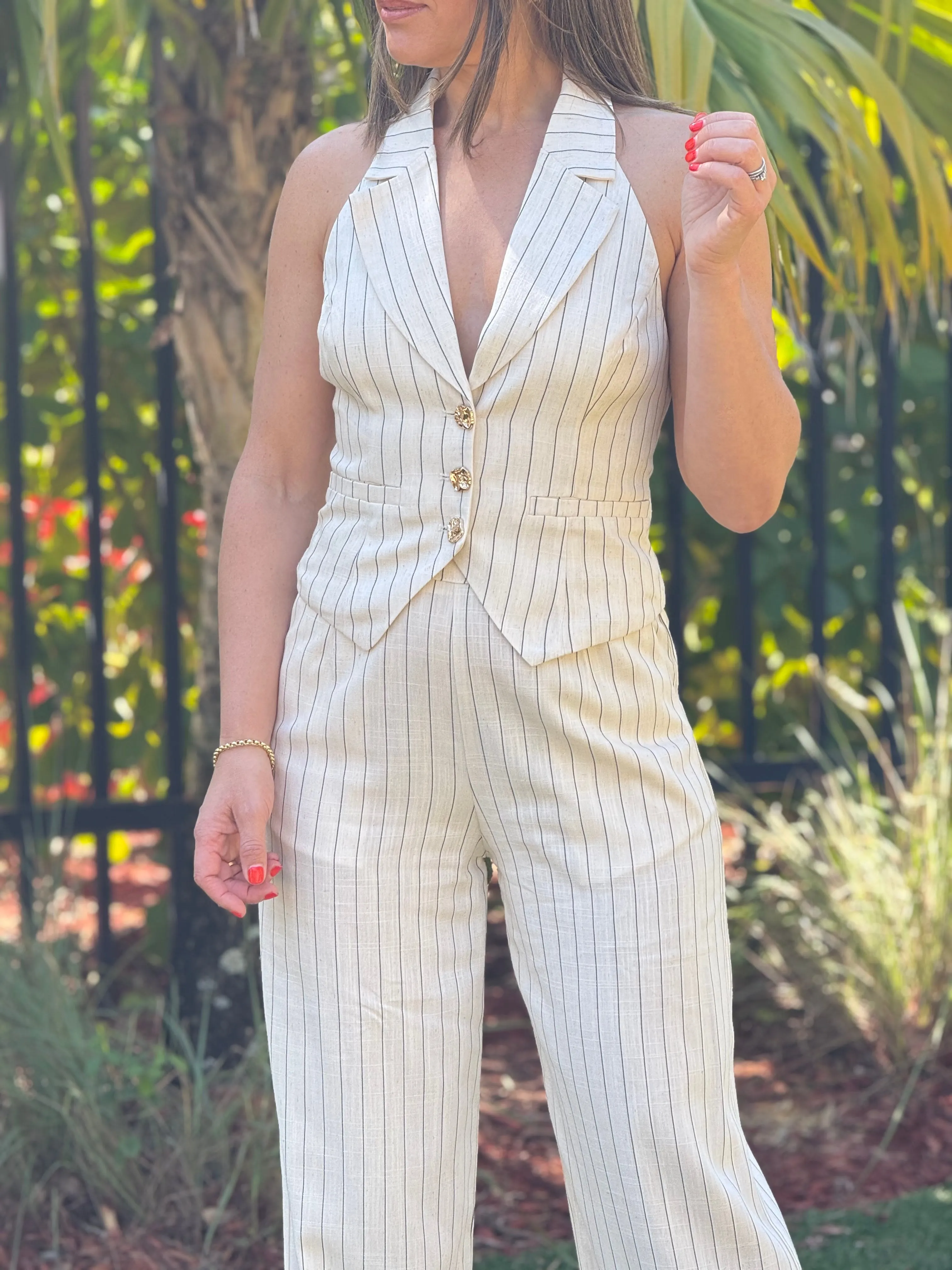 "Annabelle" Linen Striped Vest And Matching Pants Set