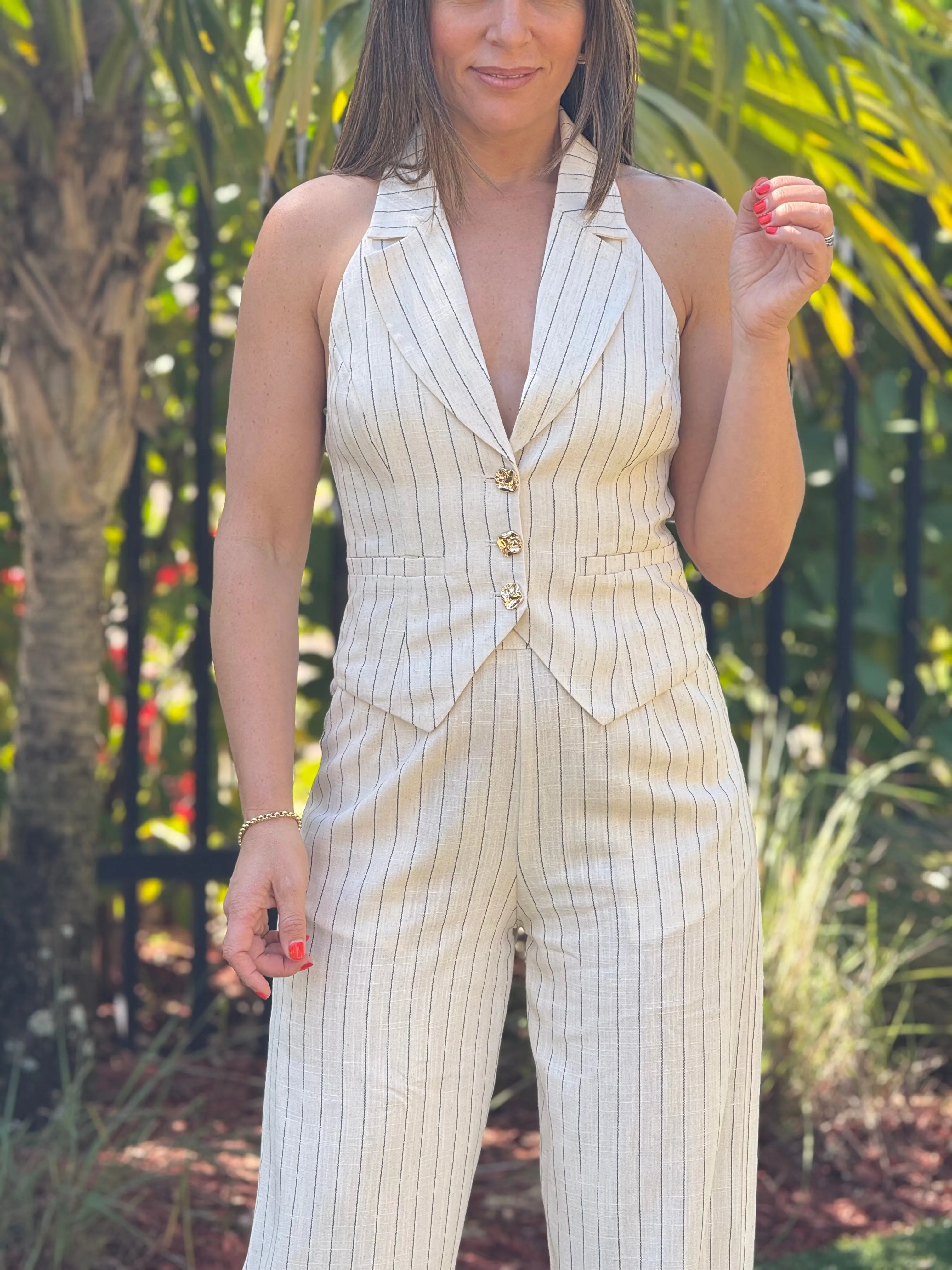 "Annabelle" Linen Striped Vest And Matching Pants Set