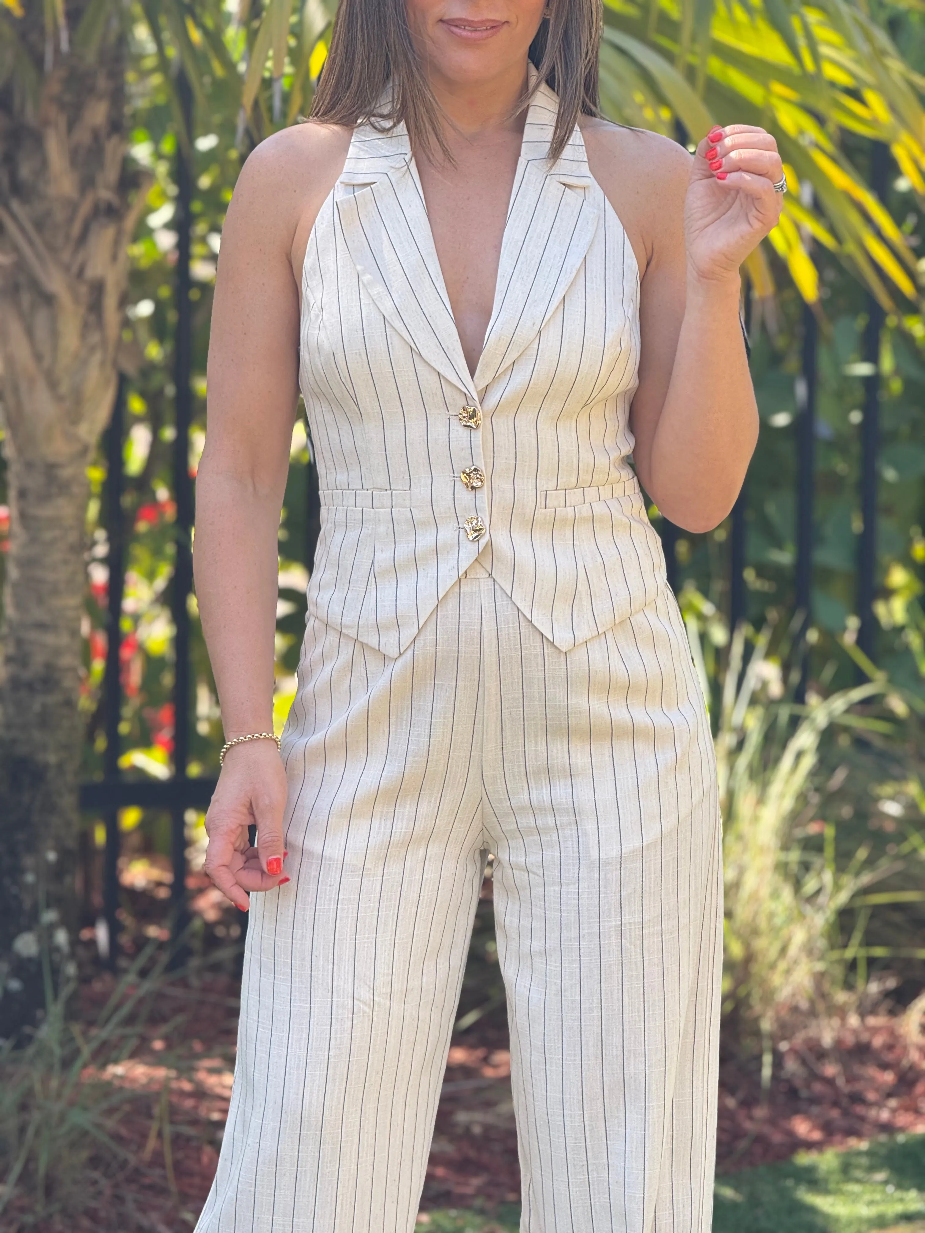 "Annabelle" Linen Striped Vest And Matching Pants Set