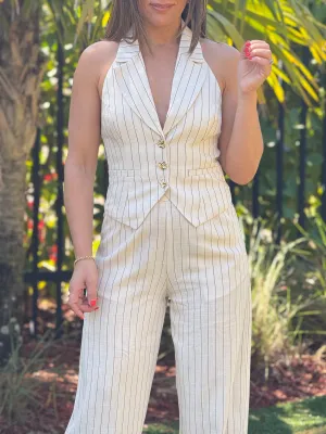 "Annabelle" Linen Striped Vest And Matching Pants Set