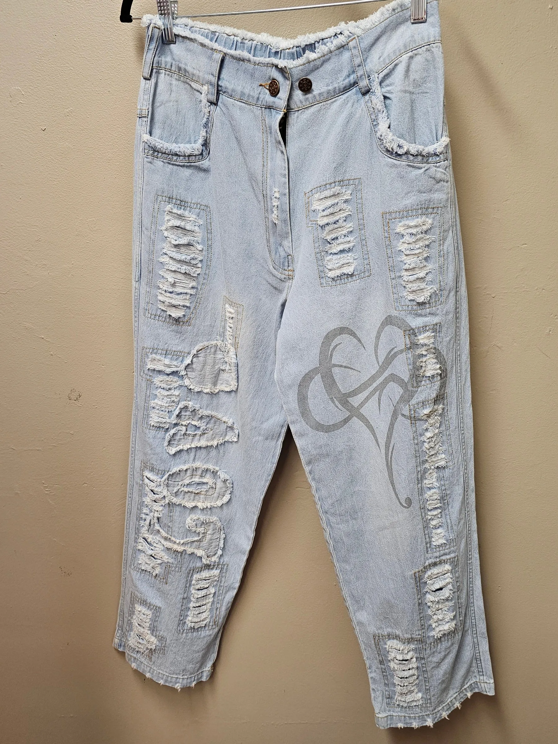 "LOVE" Denim Pants with Love, Raw Edge Patches and Heart
