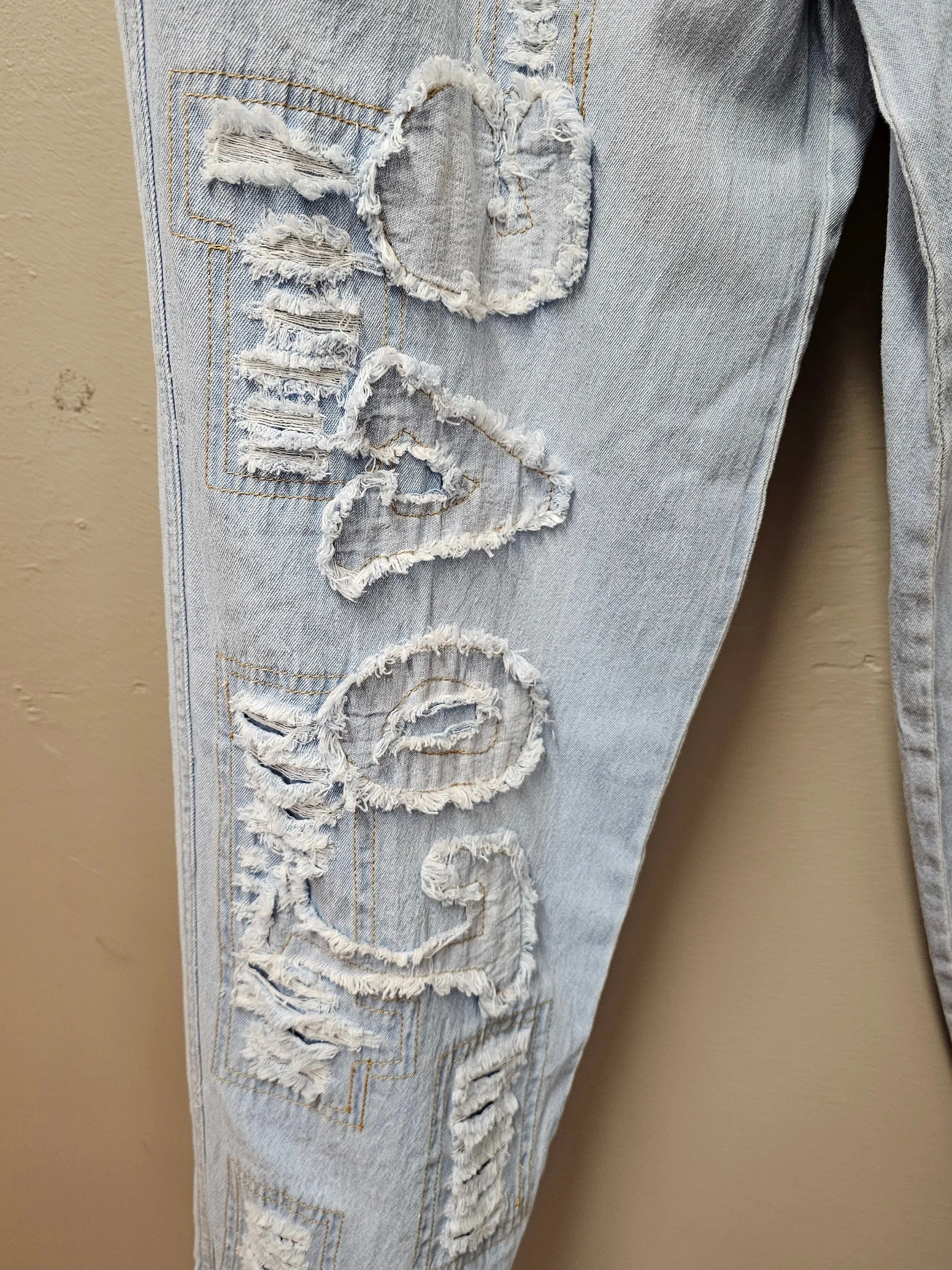 "LOVE" Denim Pants with Love, Raw Edge Patches and Heart