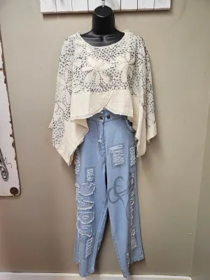 "LOVE" Denim Pants with Love, Raw Edge Patches and Heart