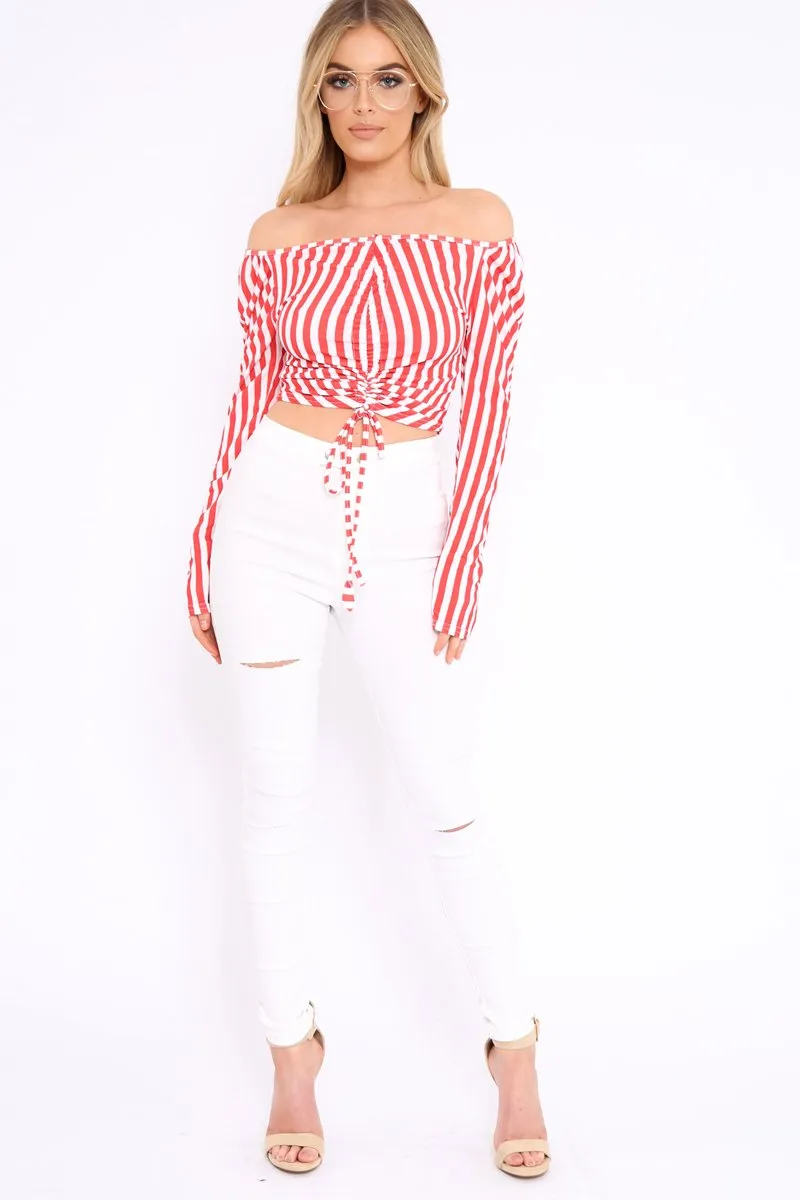 Red and White Striped Bardot Ruched Tie Top - Dakota