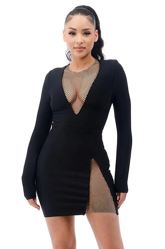 RHINESTONE TRIM BANDAGE DRESS