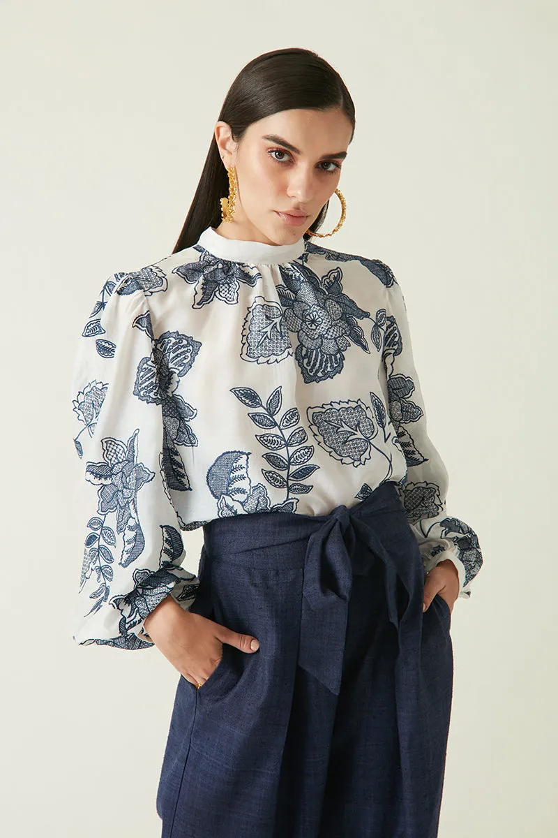Rockefeller Holidays I  Bawean Embroidered Top  Modal Muslin White/Navy Java collection 1JV-101