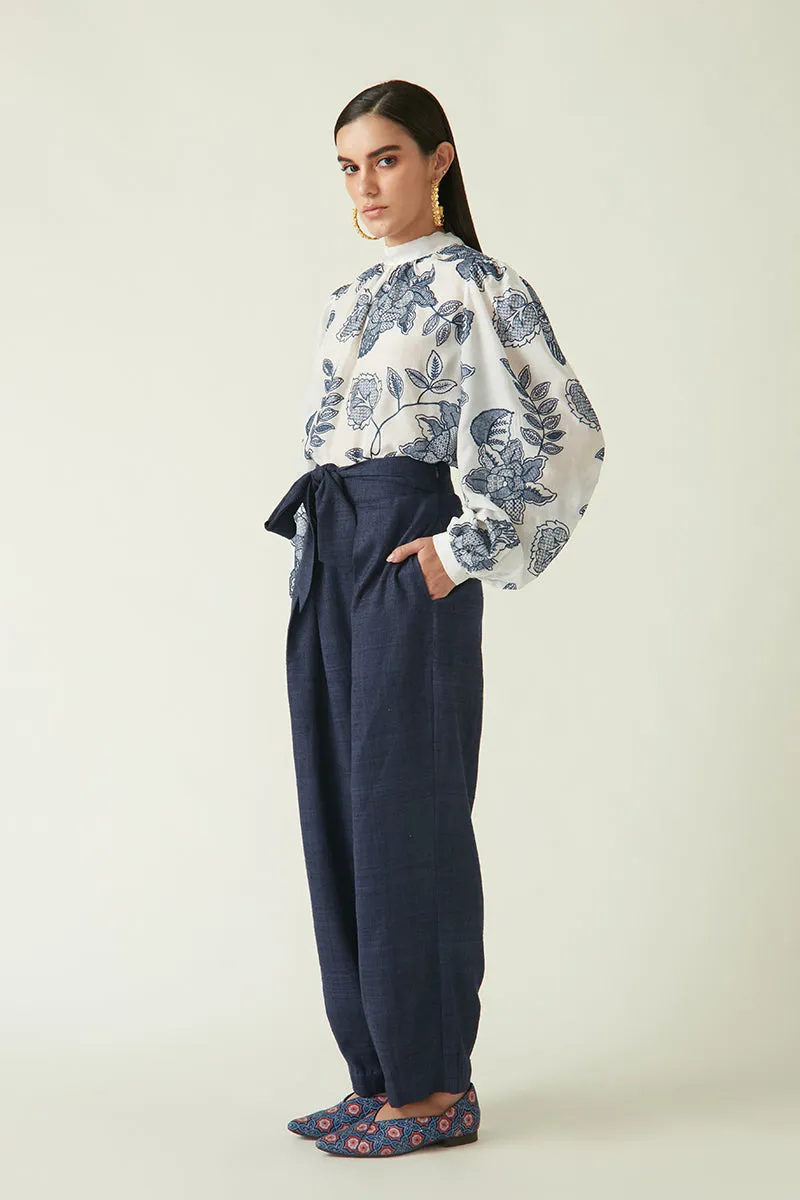 Rockefeller Holidays I  Bawean Embroidered Top  Modal Muslin White/Navy Java collection 1JV-101
