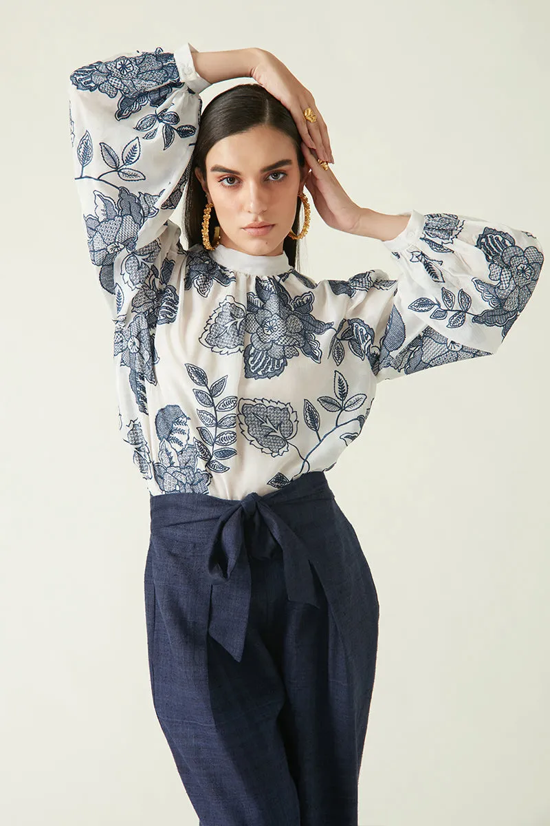 Rockefeller Holidays I  Bawean Embroidered Top  Modal Muslin White/Navy Java collection 1JV-101