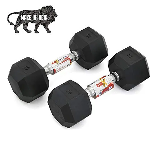 RUBX Rubber Coated Professional Exercise Hex Dumbbells (Pack of Two) (10)