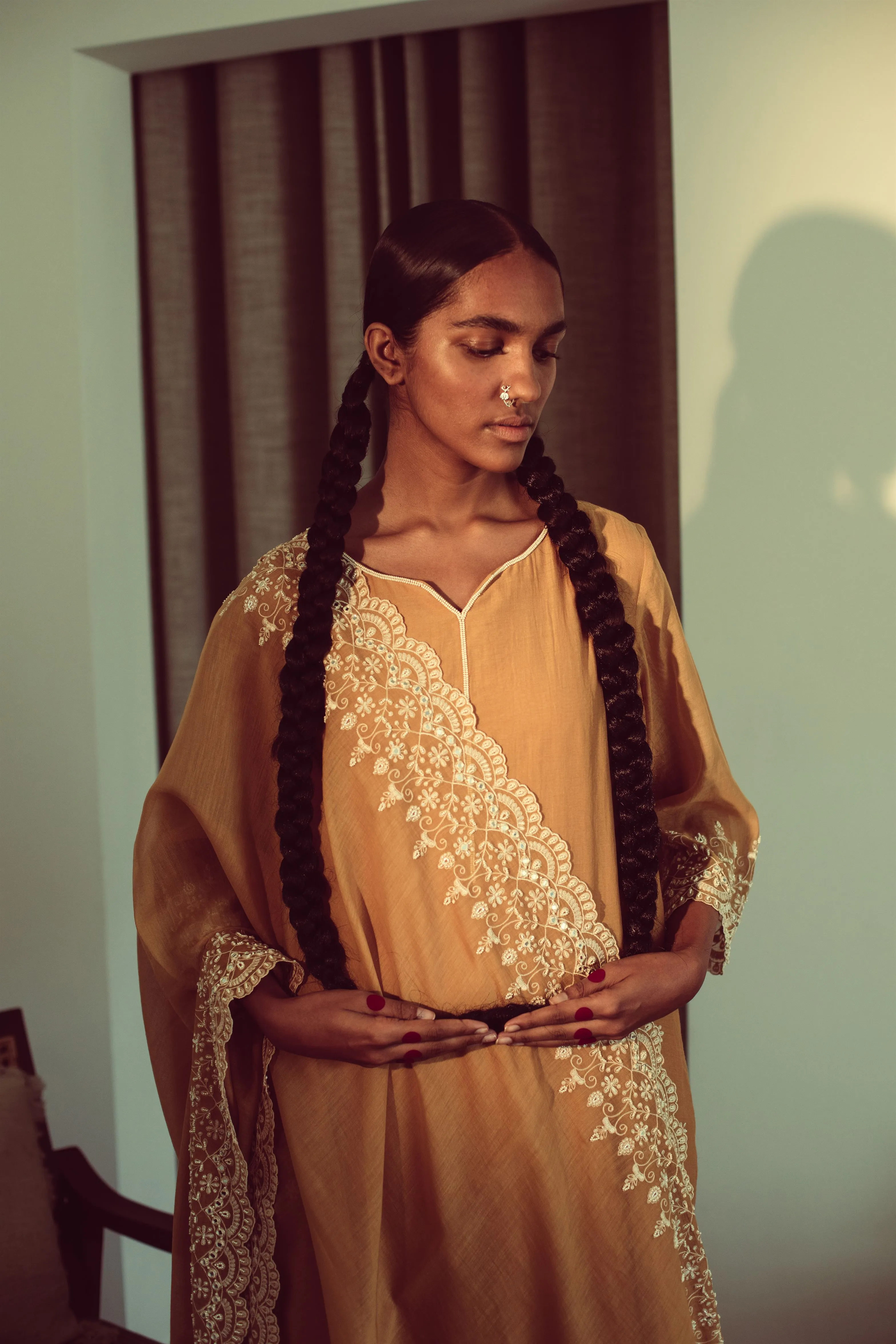 Sarang Kaur Banbury Mustard Chandni Dupatta Chanderi silk Chandni SK01297