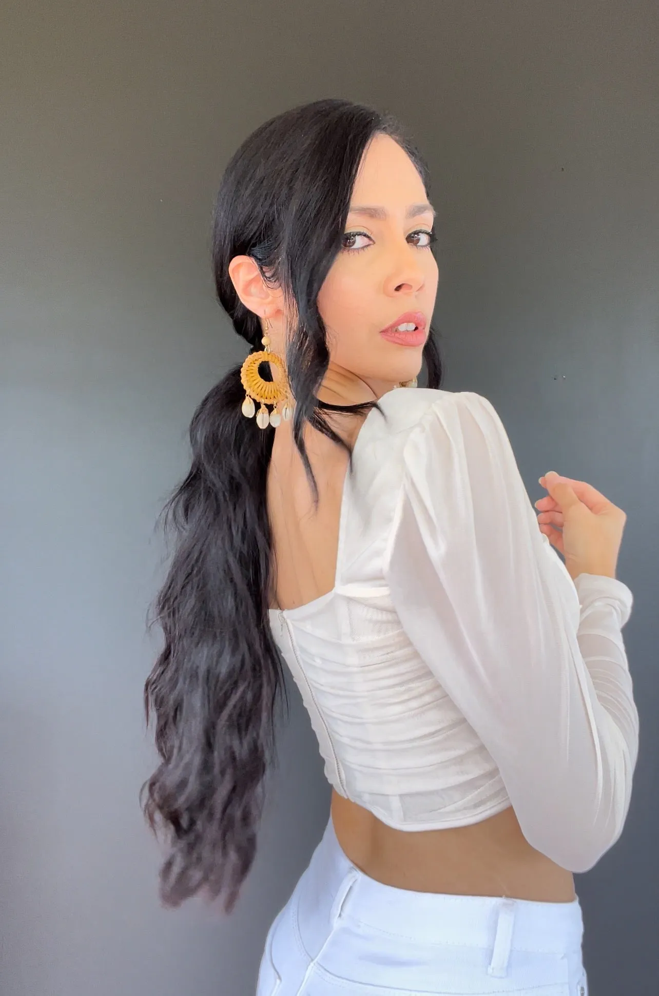 Shirred Boning Mesh Sleeve Top
