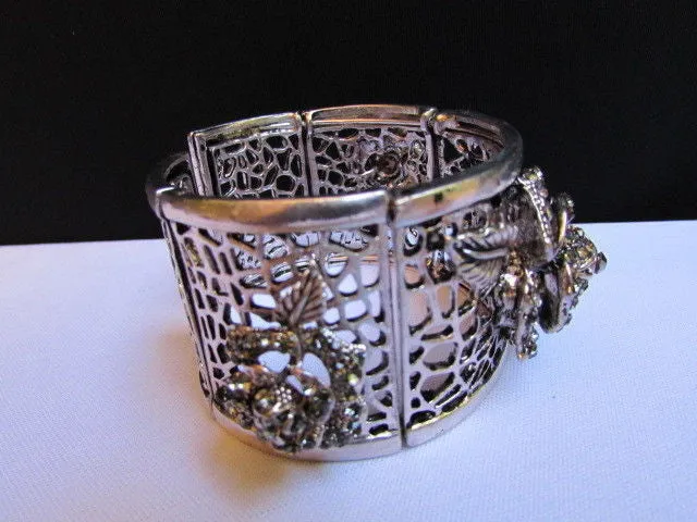 Silver Pewter Elastic Metal Bracelet Rhinestones Roses Flowers