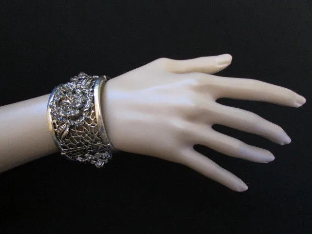 Silver Pewter Elastic Metal Bracelet Rhinestones Roses Flowers