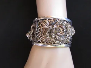 Silver Pewter Elastic Metal Bracelet Rhinestones Roses Flowers