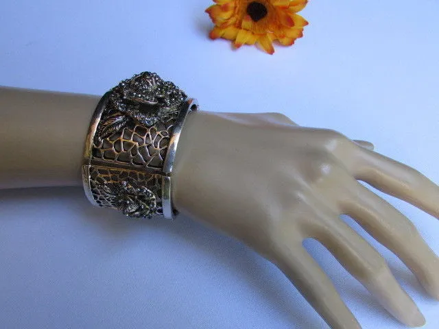Silver Pewter Elastic Metal Bracelet Rhinestones Roses Flowers