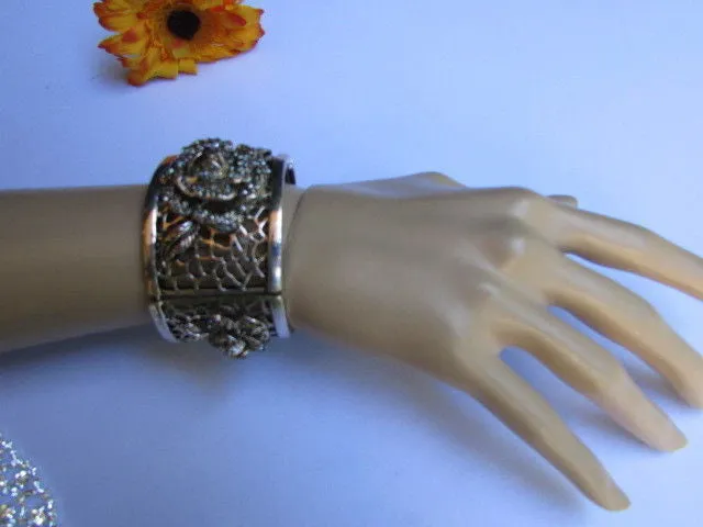 Silver Pewter Elastic Metal Bracelet Rhinestones Roses Flowers