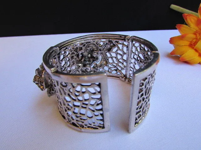 Silver Pewter Elastic Metal Bracelet Rhinestones Roses Flowers