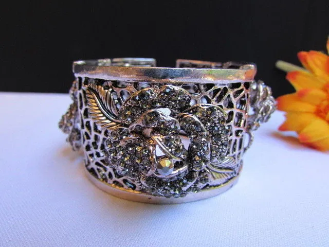 Silver Pewter Elastic Metal Bracelet Rhinestones Roses Flowers