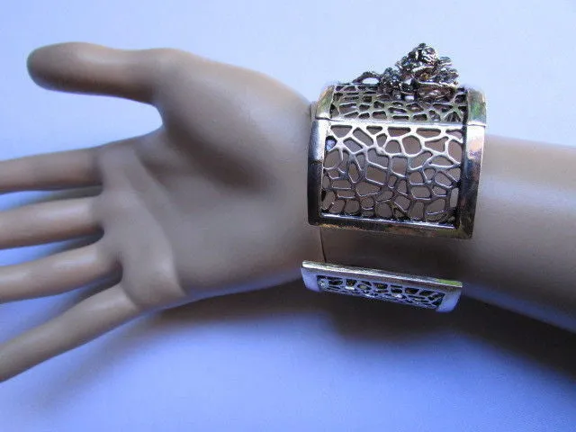 Silver Pewter Elastic Metal Bracelet Rhinestones Roses Flowers