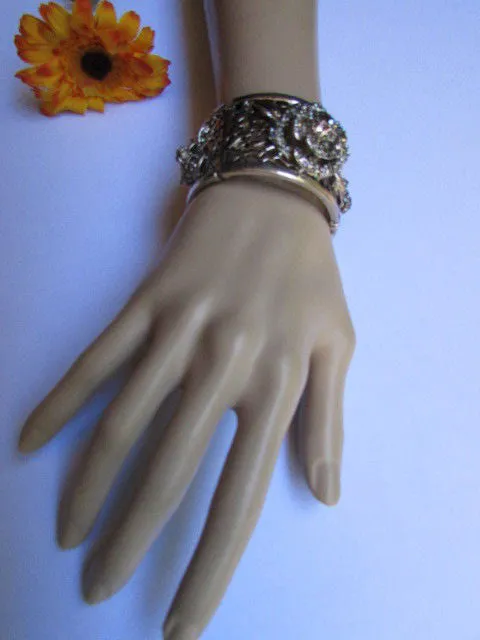Silver Pewter Elastic Metal Bracelet Rhinestones Roses Flowers