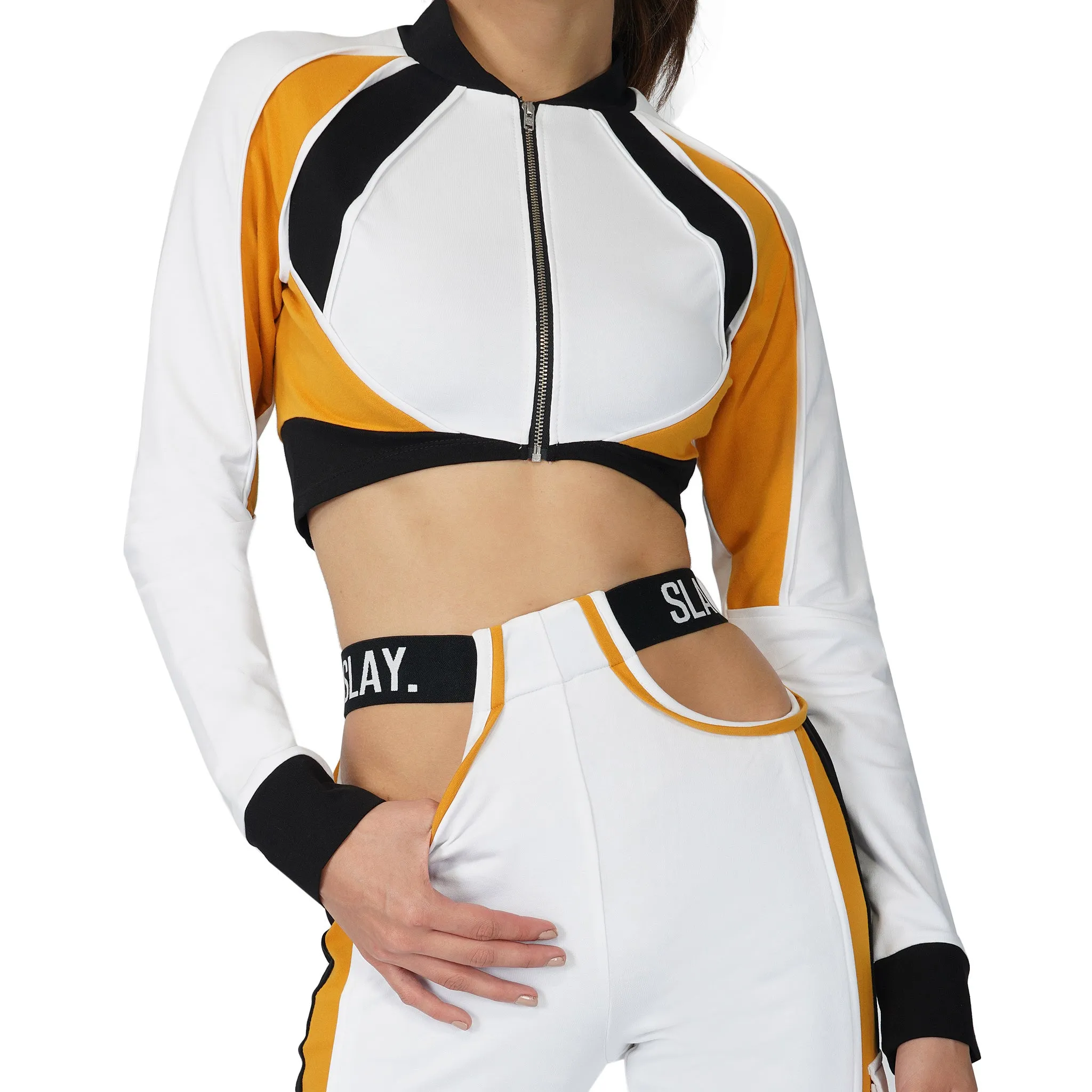 SLAY. Women's Activewear Tracksuit Mustard Colorblock Crop Jacket & Cargo Pants Co-ord Set(3 piece)