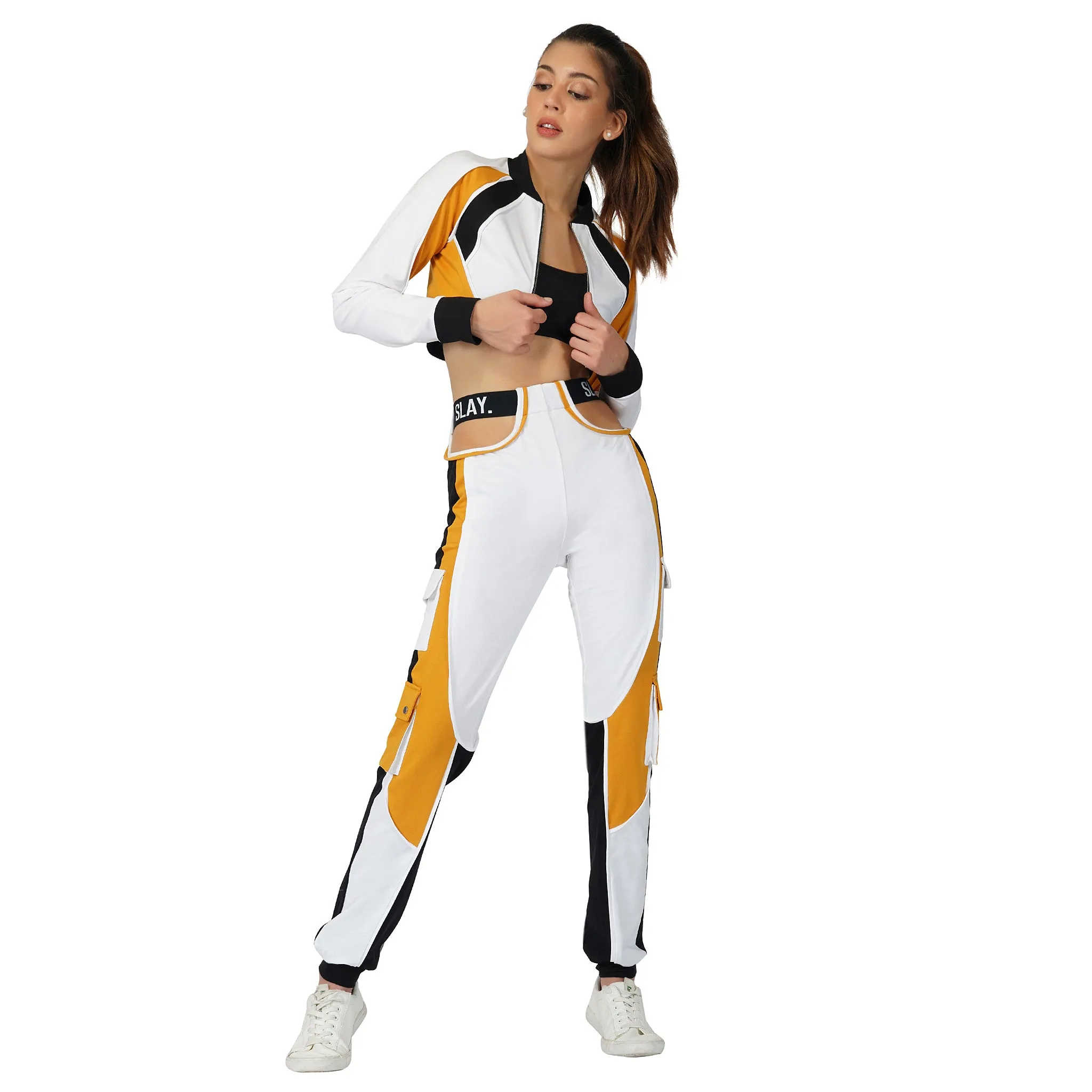SLAY. Women's Activewear Tracksuit Mustard Colorblock Crop Jacket & Cargo Pants Co-ord Set(3 piece)