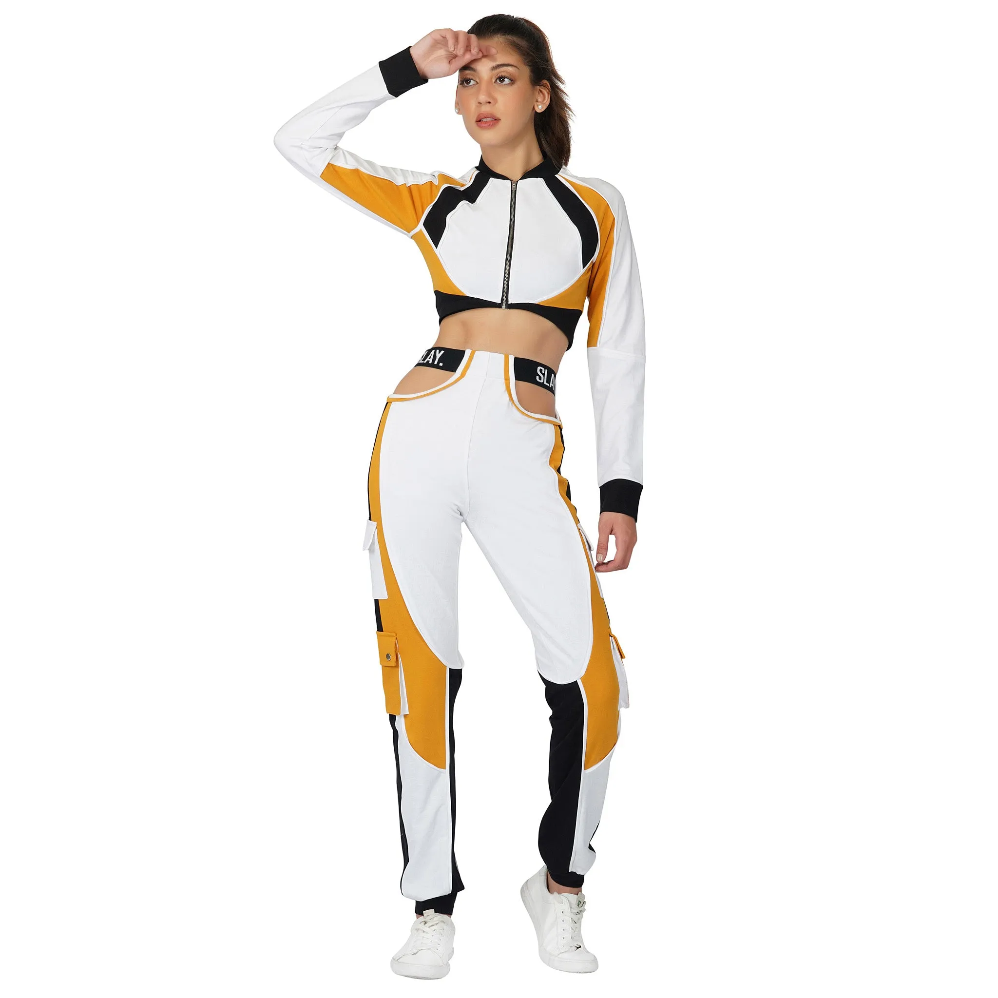 SLAY. Women's Activewear Tracksuit Mustard Colorblock Crop Jacket & Cargo Pants Co-ord Set(3 piece)